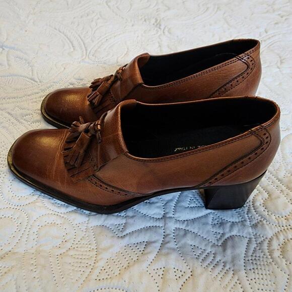 EUC  CLIF made in itay block heel slip on tassel borwn leather 37.5  6.5 - Picture 3 of 9